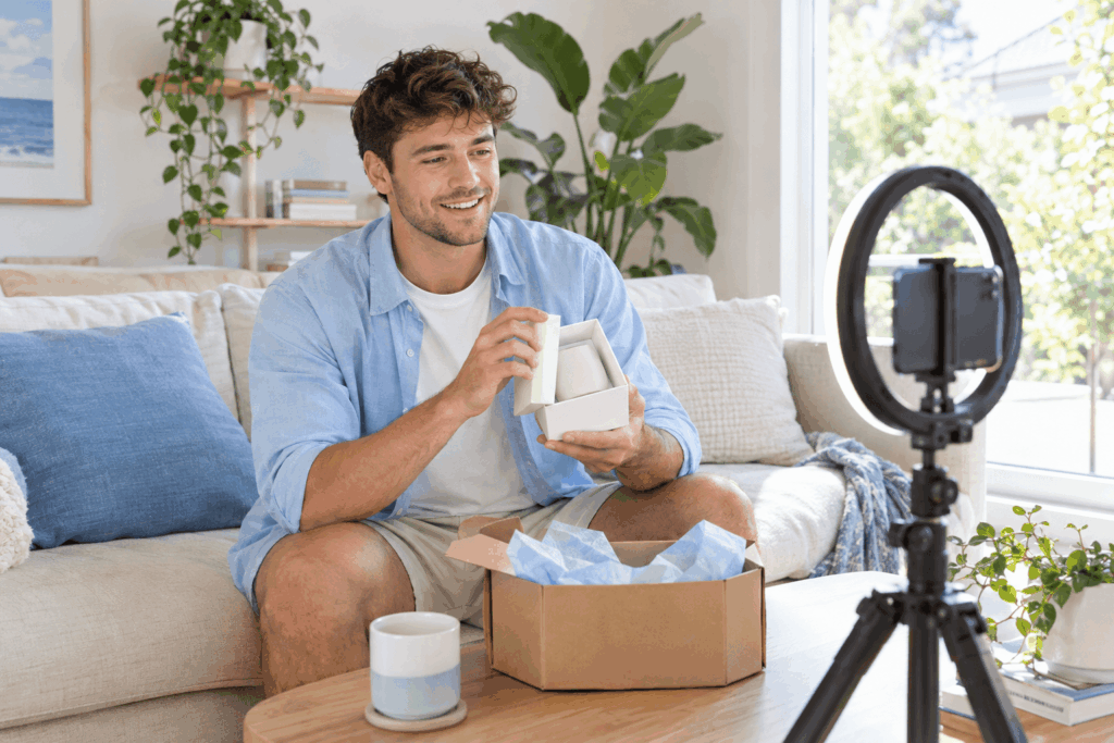 Australian creator filming a product review that tags an ecommerce brand to grow its social media followers