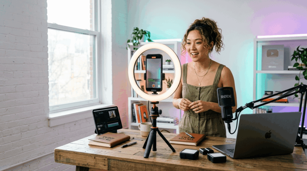 A focused content creator wearing simple jewelry, actively using a smartphone with professional video editing software displayed. In the soft-focus background, a ring light glows, emphasizing a professional production setup.
