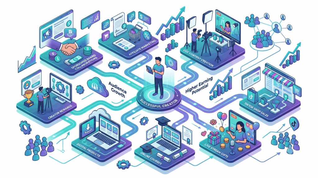 A professional data dashboard graphic showing a breakdown of creator revenue streams including 'Sponsored Campaigns', 'Affiliate Sales Commissions', 'Digital Products/Merch', and 'Platform Creator Rewards'.
