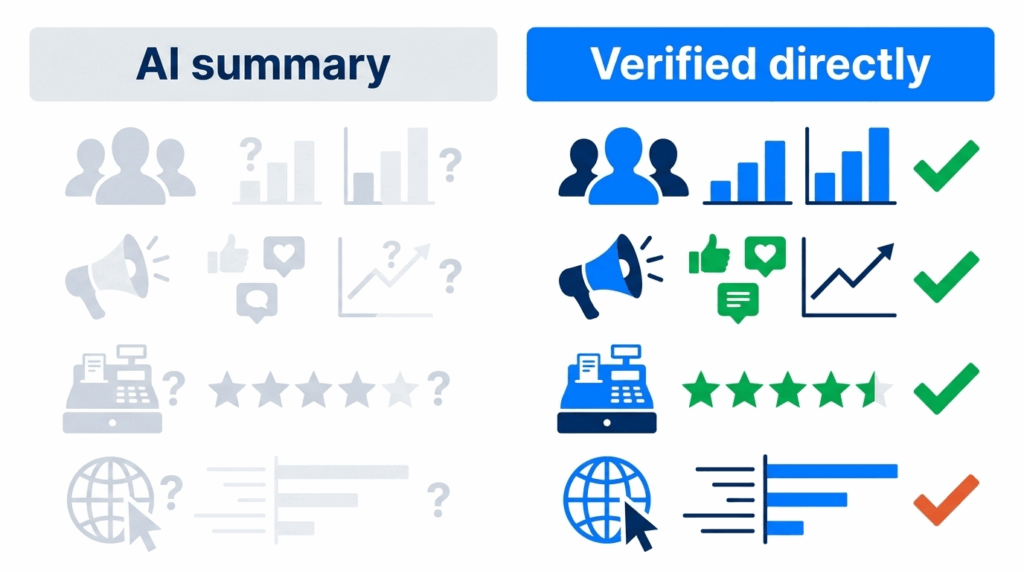 Comparison graphic contrasting an unverified AI search summary with directly verified influencer marketing information