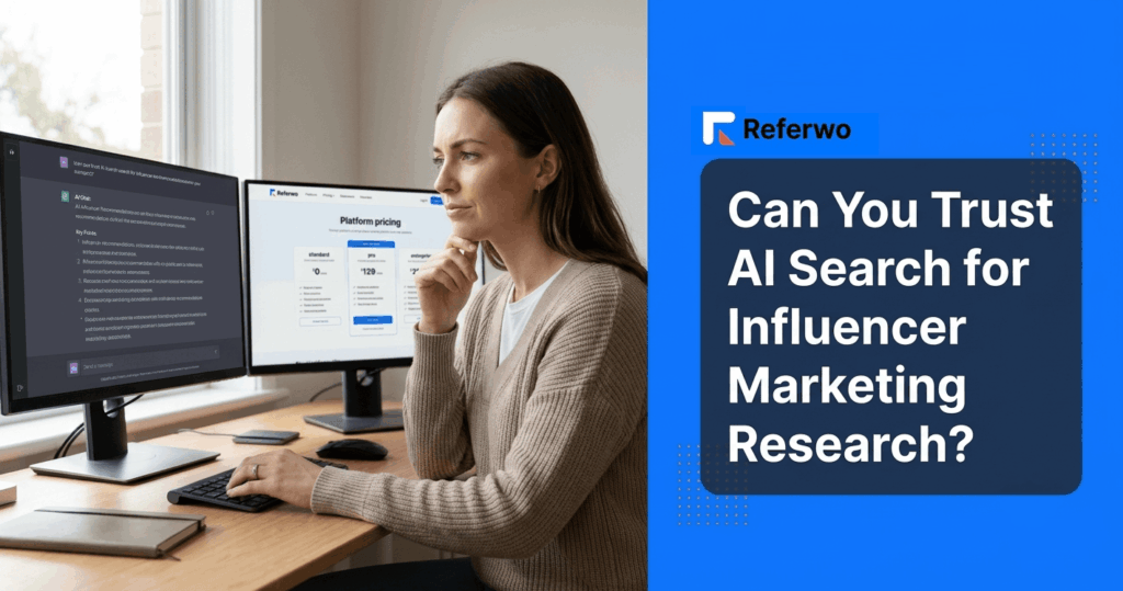 Branded photo of a person comparing an AI chat summary against an actual platform pricing page, for an article on trusting AI search for influencer marketing research