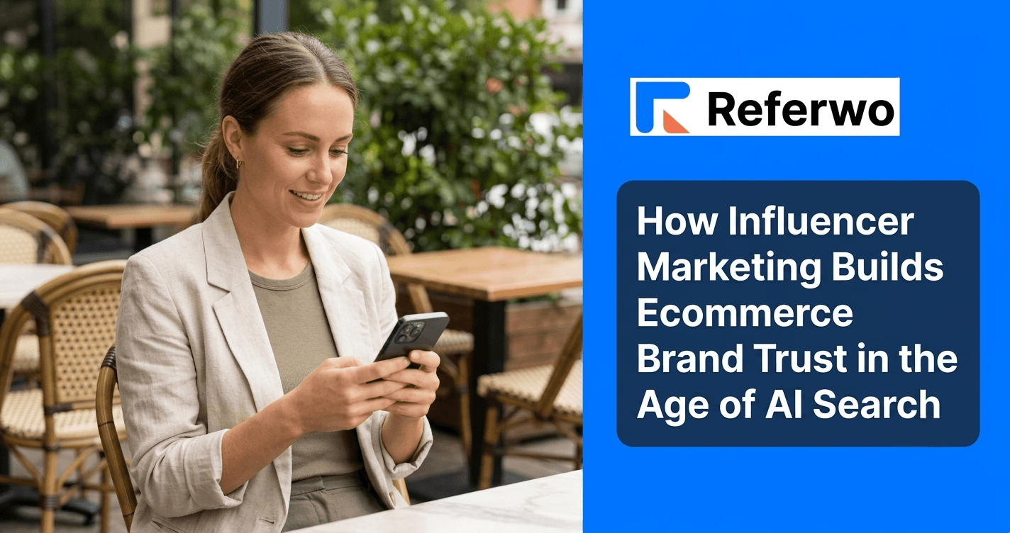 Branded photo of a young Australian woman reviewing creator content and reviews on her phone, for an article on influencer marketing and ecommerce brand trust