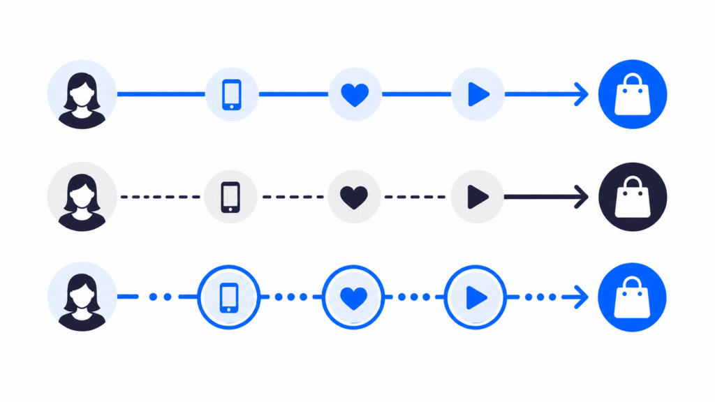 Diagram comparing discount-code, last-click and multi-touch attribution