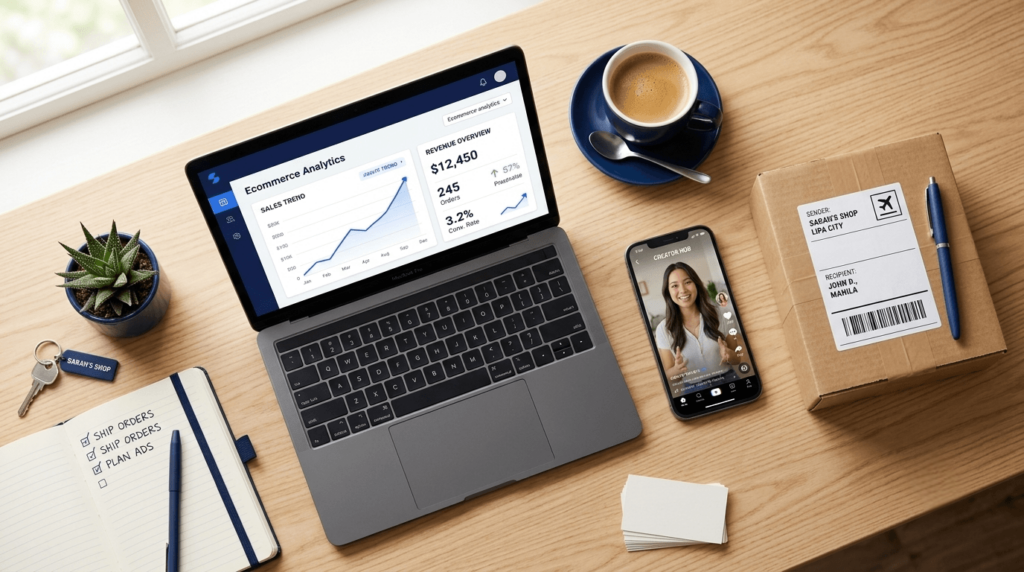 Founders desk with a sales dashboard, creator video and a parcel ready to ship