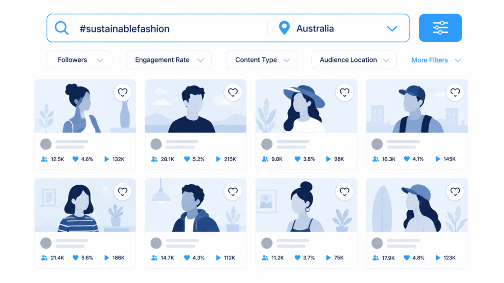Illustrative mockup of searching for local creators by hashtag and location