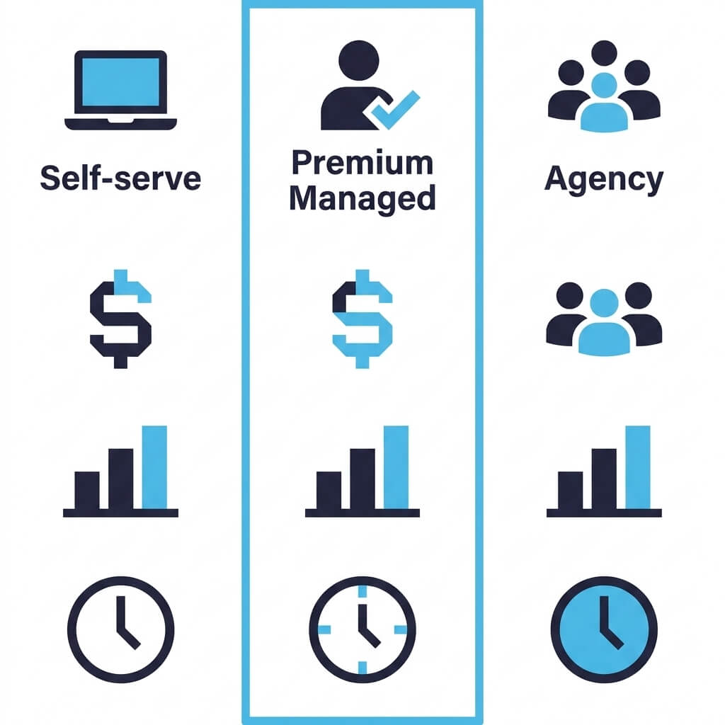 Three-column comparison of self-serve platform, managed plan, and full agency for influencer marketing