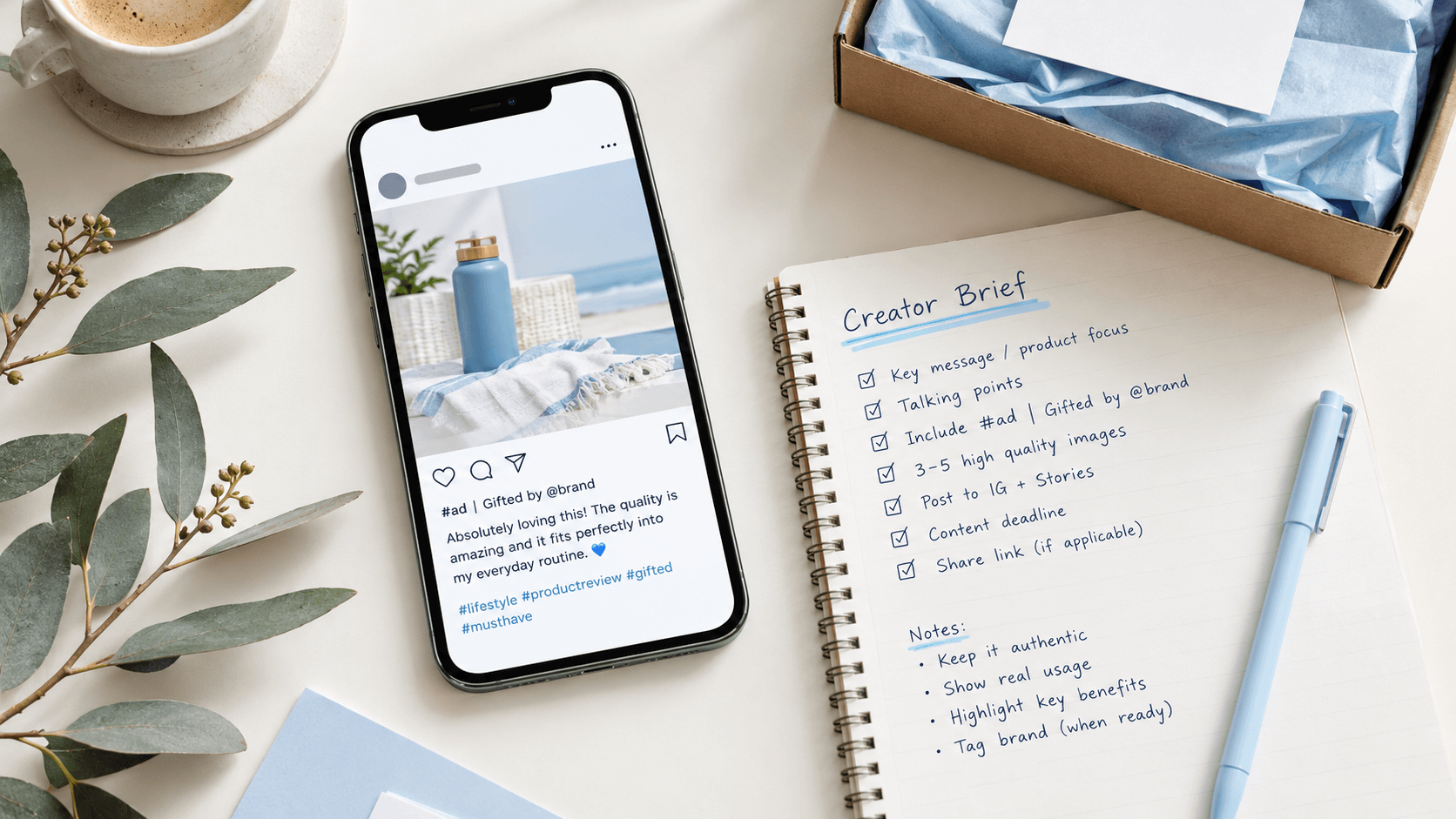 Influencer gifting rules in Australia: a creator brief checklist beside a phone post labelled #ad, ACCC and AANA compliance 2026