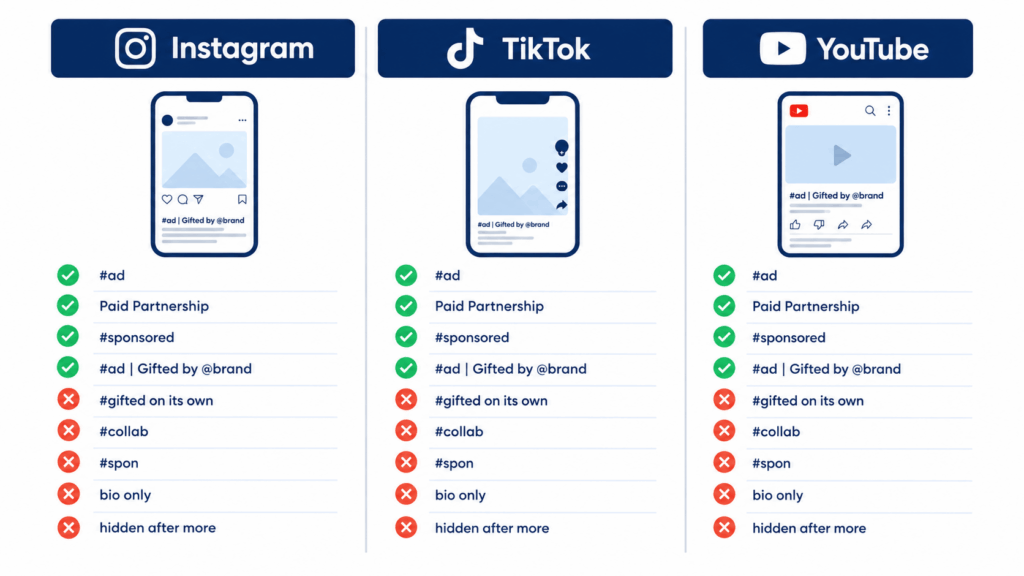 Comparison graphic showing clear and unclear influencer disclosure labels on Instagram, TikTok and YouTube for Australian brands